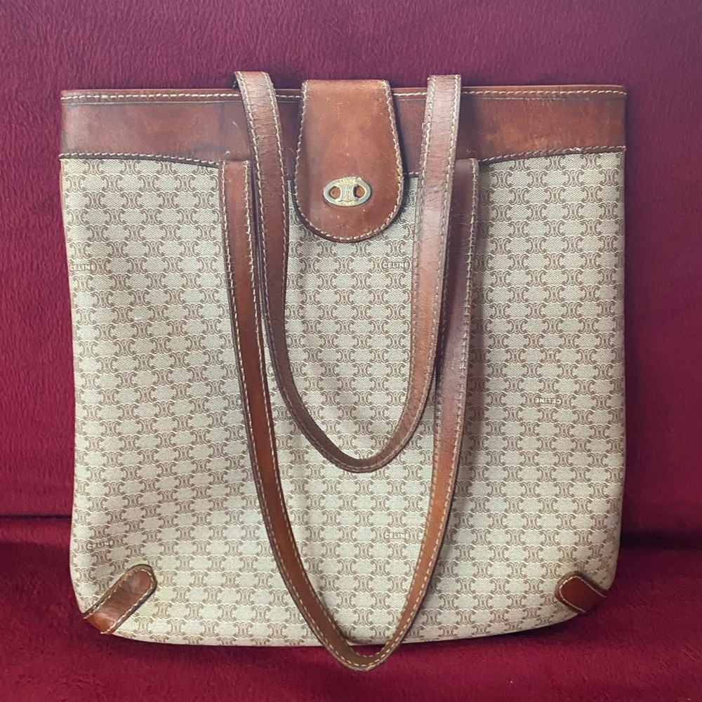 Celine Brown and Cream Patterned Tote Handbag / Purse with Brass Accent